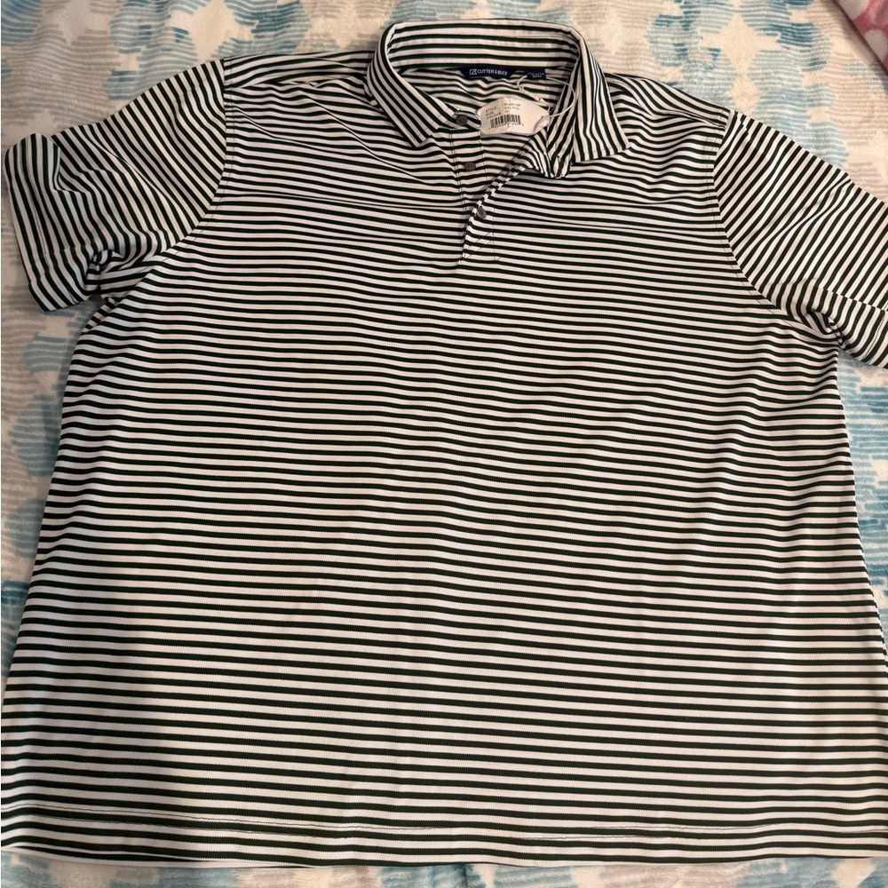 Cutter & Buck Green and White Striped Polo